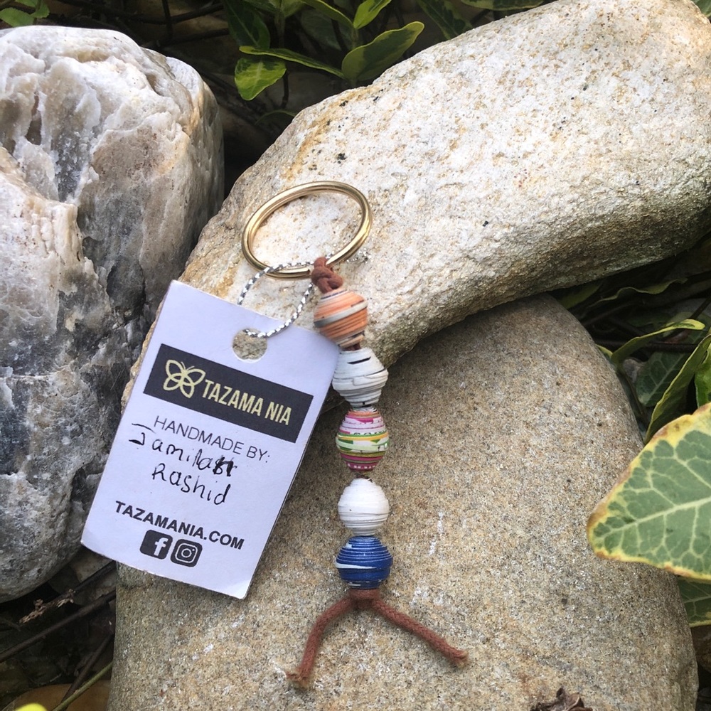 Tazama Nia Keychain made from recycled calendars.